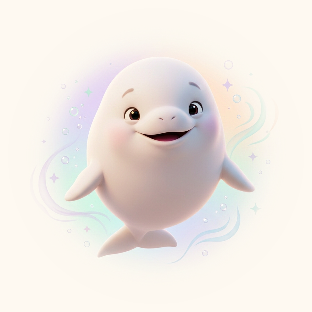 Belu, a beluga mascote do Belugue-se, sorrindo de forma acolhedora cercada por brilhos suaves