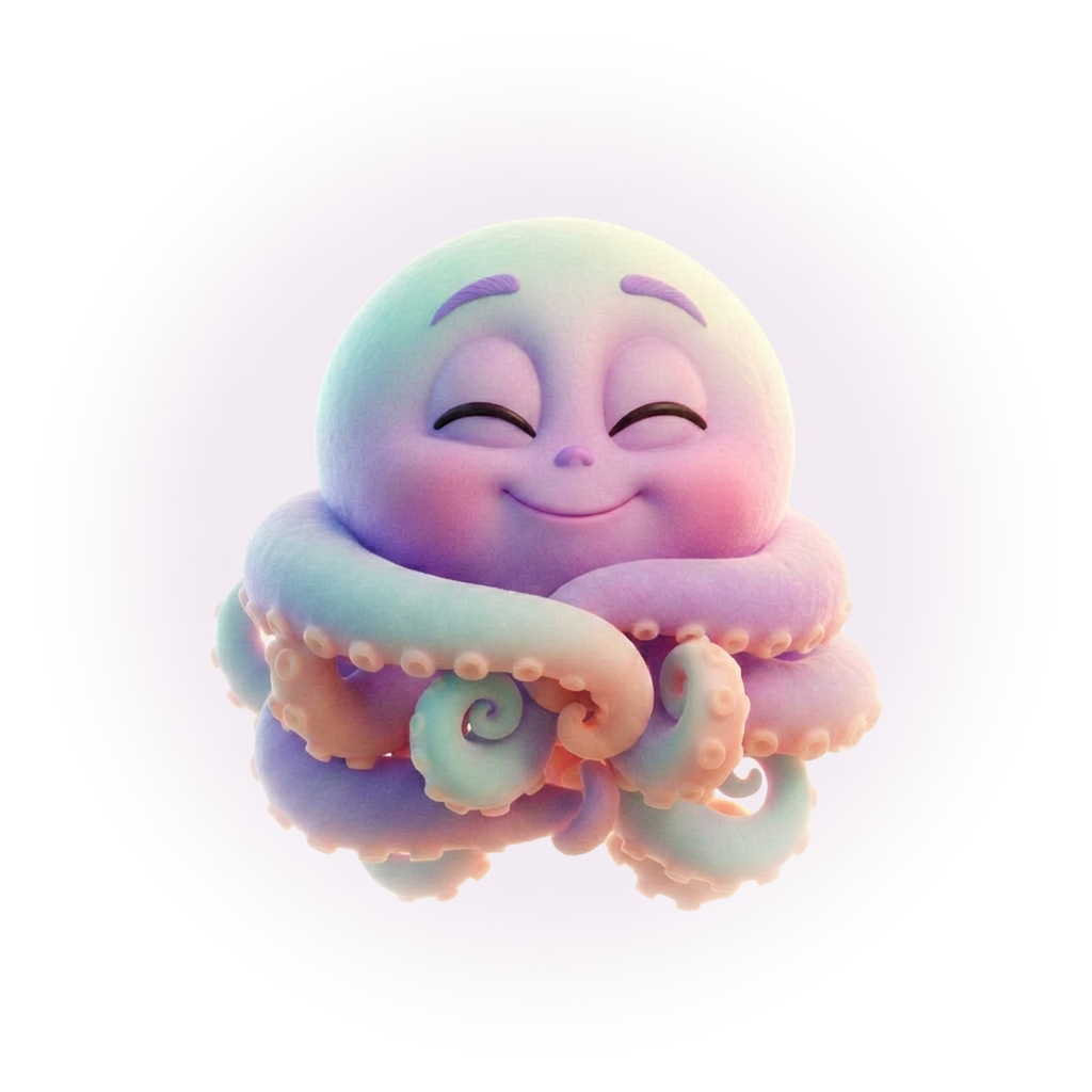 Polvo mascote sorrindo serenamente em tons pastel